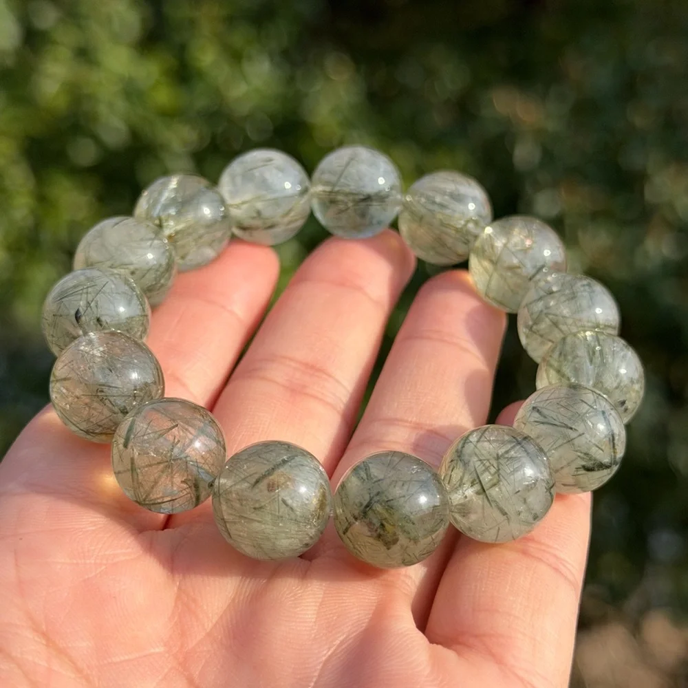 14mm stretchable high‎ quality translucent green rutilated quartz bracelet 1153
